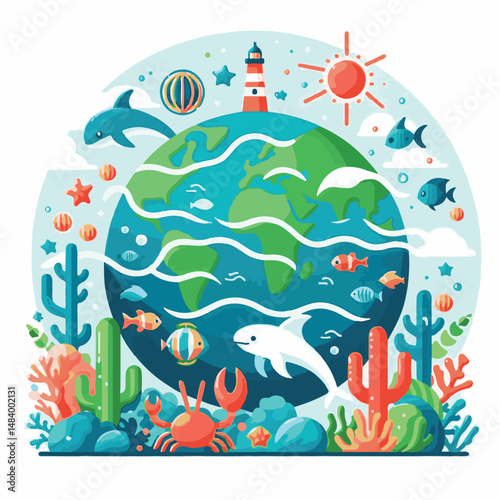 sea, water, nature, blue, environment, ocean, background, illustration, day, concept, world, fish, vector, underwater, design, banner, graphic, save, clean, environmental, aqua, poster, eco, life, ear