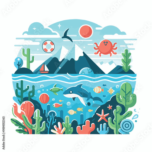 sea, water, nature, blue, environment, ocean, background, illustration, day, concept, world, fish, vector, underwater, design, banner, graphic, save, clean, environmental, aqua, poster, eco, life, ear