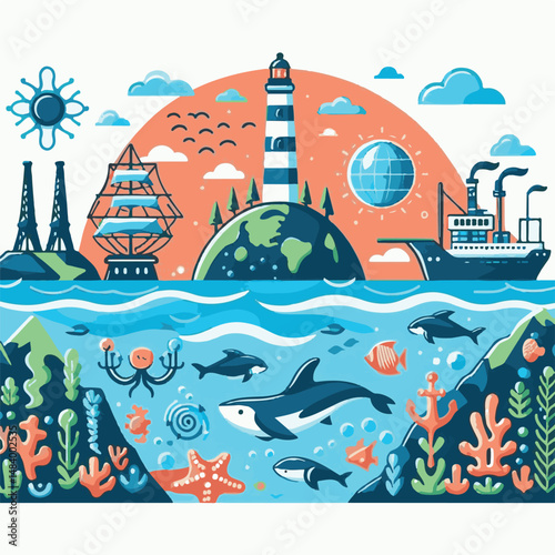 sea, water, nature, blue, environment, ocean, background, illustration, day, concept, world, fish, vector, underwater, design, banner, graphic, save, clean, environmental, aqua, poster, eco, life, ear