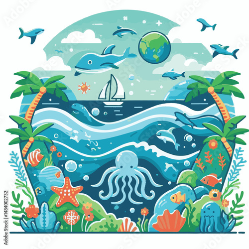 sea, water, nature, blue, environment, ocean, background, illustration, day, concept, world, fish, vector, underwater, design, banner, graphic, save, clean, environmental, aqua, poster, eco, life, ear