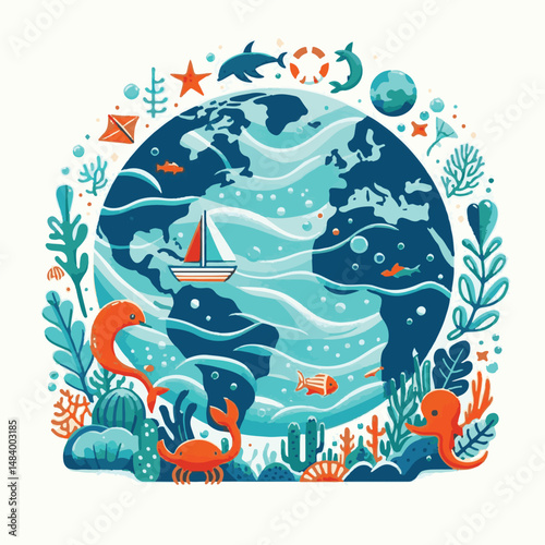 sea, water, nature, blue, environment, ocean, background, illustration, day, concept, world, fish, vector, underwater, design, banner, graphic, save, clean, environmental, aqua, poster, eco, life, ear