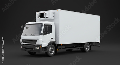 A white refrigerated truck parked against a dark gray background in a studio setting