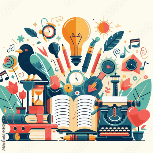 poster, illustration, literature, art, poetry, design, writer, holiday, feather, march, vector, day, quill, education, pen, poetry day, world, calligraphy, letter, poesy, poet, graphic, paper, concept