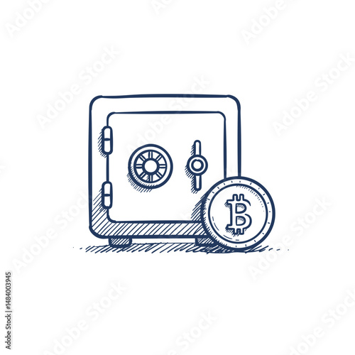 Safe Illustration with Cryptocurrency and Bitcoin Coin, Secure Storage Concept for Digital Assets in Finance, Crypto, Investment