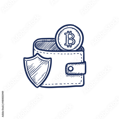 Icon of Cryptocurrency Wallet with Shield and Bitcoin Coin, Protected Wallet Concept for Finance, Crypto Security, Blockchain