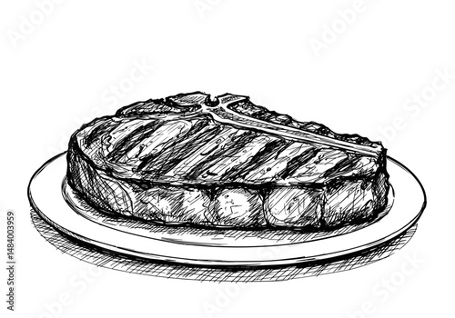 Porterhouse Steak on White Plate, Black and White Sketch Style, Black and White Tones, Steak Dish Concept for Food Blogs, Recipes, Menus  