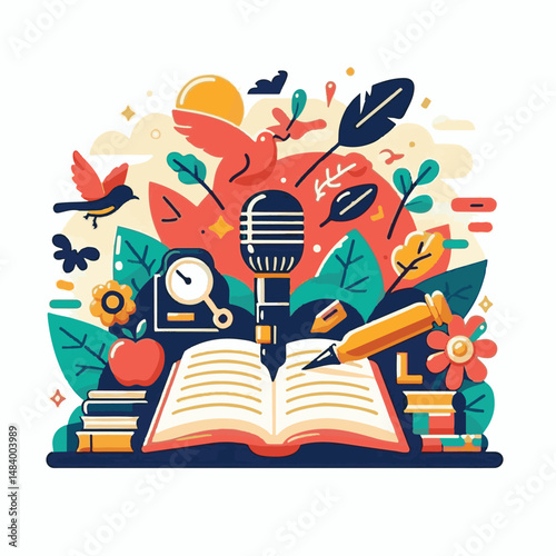 poster, illustration, literature, art, poetry, design, writer, holiday, feather, march, vector, day, quill, education, pen, poetry day, world, calligraphy, letter, poesy, poet, graphic, paper, concept