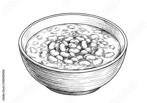 Bowl of Fasolada Soup with Kidney Beans, Simple Monochrome Sketch Style, Black and White Tones, Traditional Greek Soup Concept for Food Blogs, Recipes, Mediterranean Cuisine
