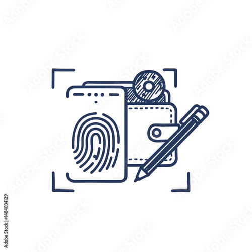 Digital Wallet Icon Illustration with Fingerprint and Pen, Secure Digital Wallet Concept for Finance, Technology, Security