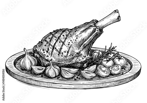 Lamb Shank Served on Wooden Platter with Garlic and Herbs, Traditional Dish Concept for Food Blogs, Recipes, Restaurant Menus