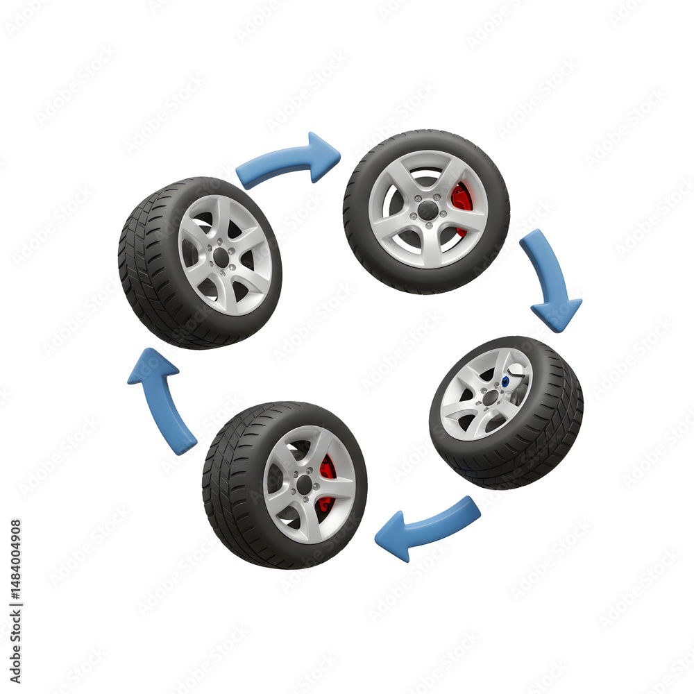 A group of tires and blue arrows arranged in a circular pattern show rotation, usually associated with car maintenance. A group of tires and blue arrows arranged in a circular pattern show rotation, usually associated with car maintenance.