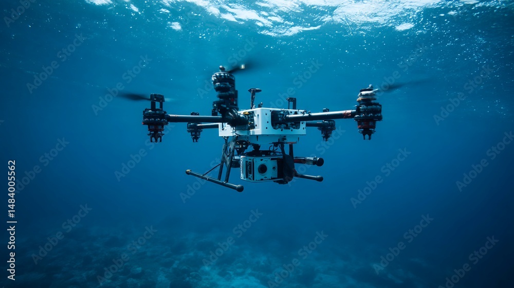 Naklejka premium Underwater Drone with Camera, Submerged in Ocean