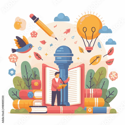 poster, illustration, literature, art, poetry, design, writer, holiday, feather, march, vector, day, quill, education, pen, poetry day, world, calligraphy, letter, poesy, poet, graphic, paper, concept
