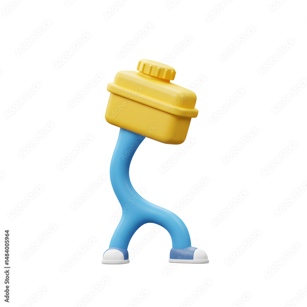 Fototapeta premium A 3D cartoon character features a yellow tank as a body, blue bent legs resembling arms, and shoes, often used in humorous or surreal illustrations.
