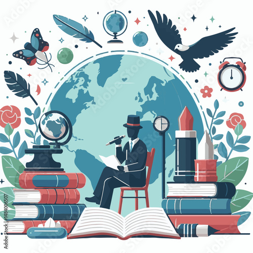 poster, illustration, literature, art, poetry, design, writer, holiday, feather, march, vector, day, quill, education, pen, poetry day, world, calligraphy, letter, poesy, poet, graphic, paper, concept