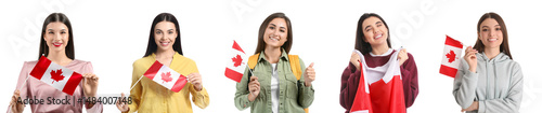 Set of women with flags of Canada on white background
