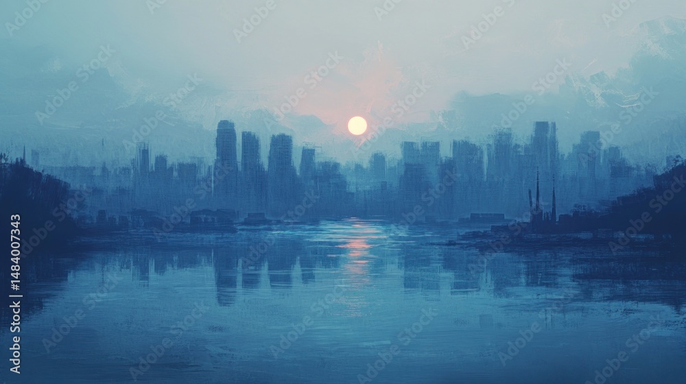 Fototapeta premium Ethereal cityscape panorama reflecting on calm waters under the pastel sun