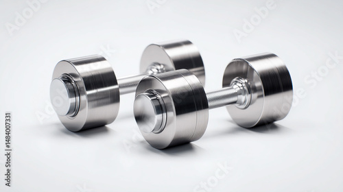 A pair of shiny metal dumbbells rest on a clean white surface, ready for workout.