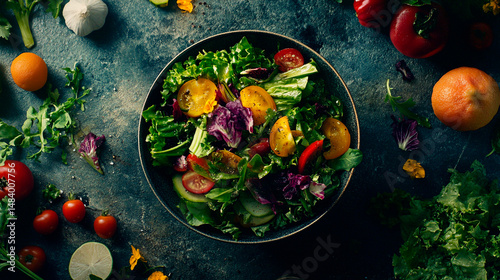 Overhead shot of a vibrant salad with mixed greens, tomatoes, and other fresh produce.