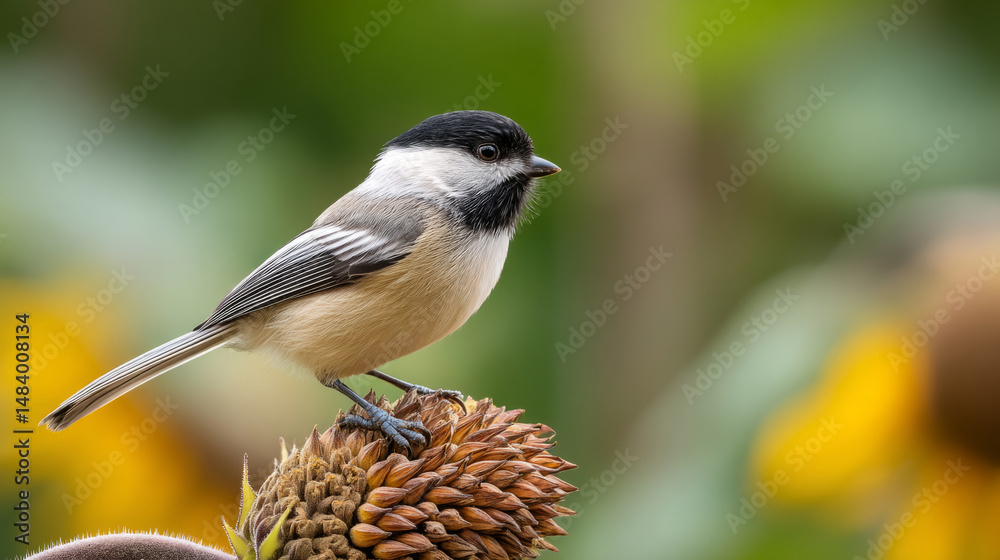 Chickadee feeding on sunflower head in lush green garden scene Chickadee feeding on sunflower head in lush green garden scene