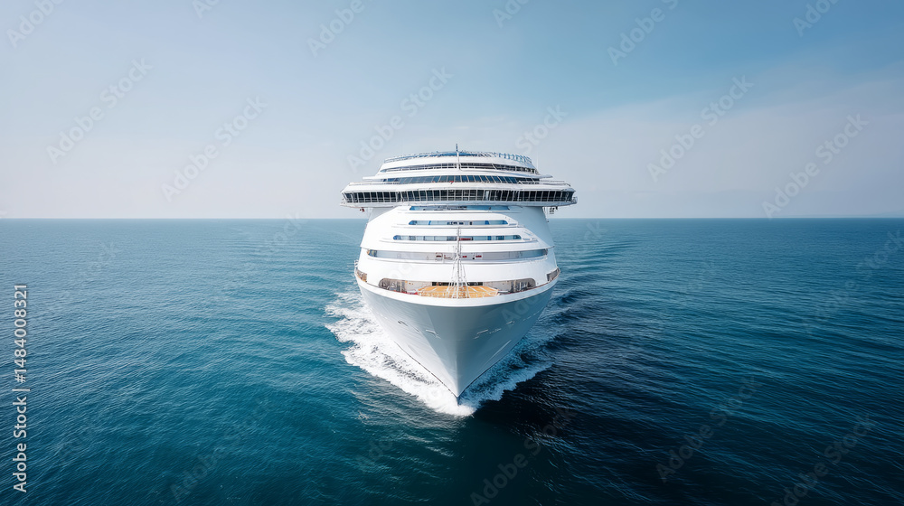 Naklejka premium Majestic cruise ship approaching on open sea for travel and adventure