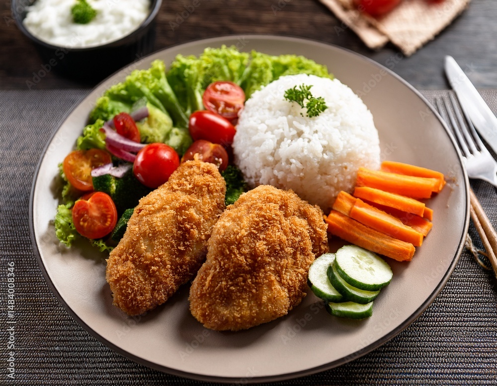 delicious and flavorful dish of fried chicken with rice and colorful fresh vegetables delicious and flavorful dish of fried chicken with rice and colorful fresh vegetables