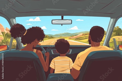 Family driving on a road trip together looking out at the landscape from inside the car