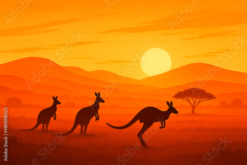 Kangaroos hop across the Australian Outback at sunset, silhouetted against golden skies, distant hills and acacia trees in a classic Aussie wilderness scene for publication, poster, calendar, cover