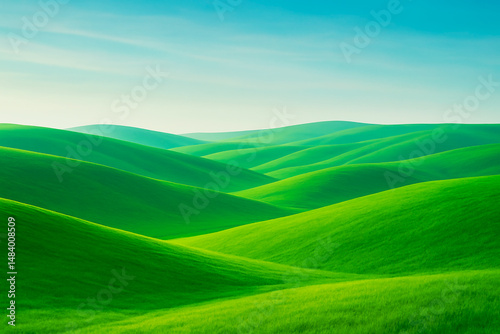 Lush Rolling Green Hills Under Clear Blue Sky - Peaceful Natural Landscape with Vibrant Grass, Soft Light, and Calm Atmosphere for Backgrounds, Wallpapers, and Nature Design Projects