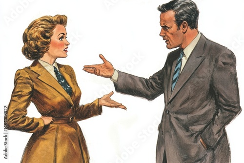 Vintage illustration of a man and woman in suits gesturing with their hands in conversation