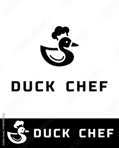Creative duck chef logo featuring a stylized duck wearing a chef hat in black and white 