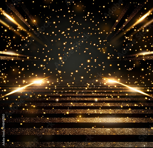 Golden Sparkling Stage With Perspective Lines And Glowing Particle Effects