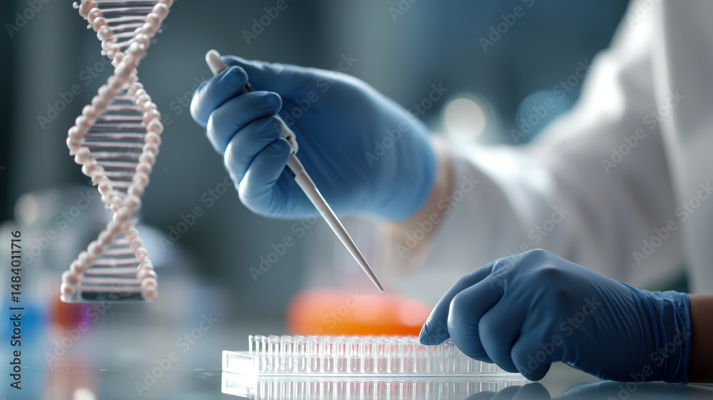 Fototapeta premium Close-up of a scientist using a pipette to add a sample into a multi-well plate with a DNA model in the background.