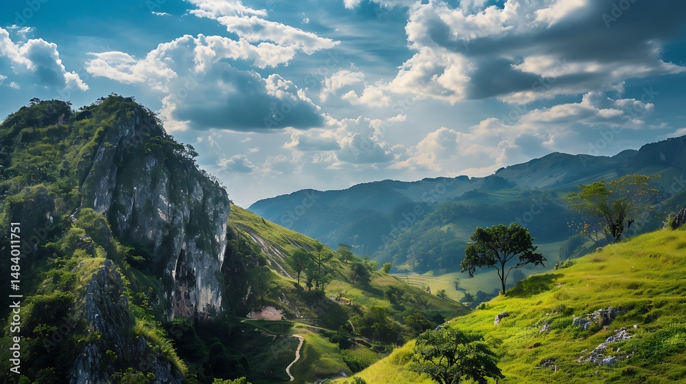 Fototapeta premium Green Mountains Under Cloudy Sky Sunlight Illuminated Scenic View