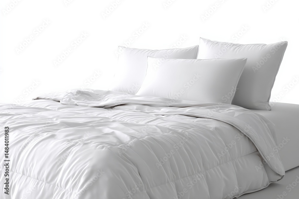 Obraz premium Crisp white bedding creates a serene and inviting atmosphere in this bedroom. The comforter's texture adds visual interest to the minimalist design.