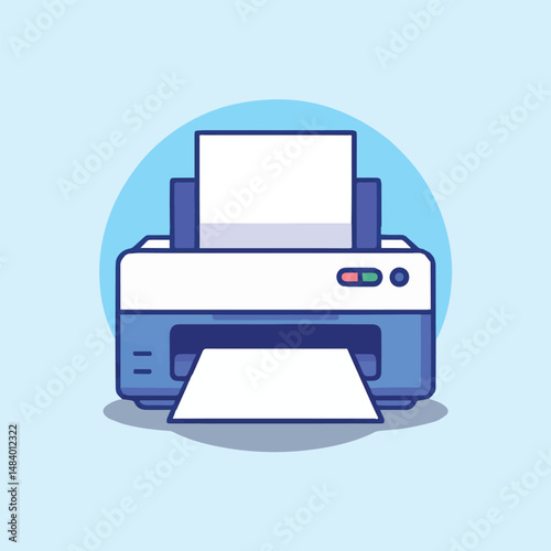 Minimalist flat design illustration of a white and blue printer with paper, buttons, and shadow, centered on a light blue circular background. Clean, modern vector graphic.