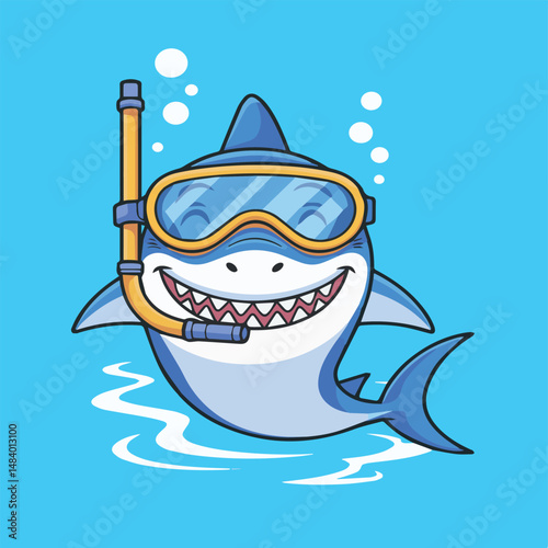 Happy cartoon shark with white body and blue fins wearing yellow diving goggles and snorkel. Smiling with sharp teeth, surrounded by bubbles on a solid light blue background.