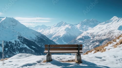 Winter Peak Panorama Wooden Bench Amidst Snow Mountain Ranges Serene Sky Landscape Tranquil Alps View photo