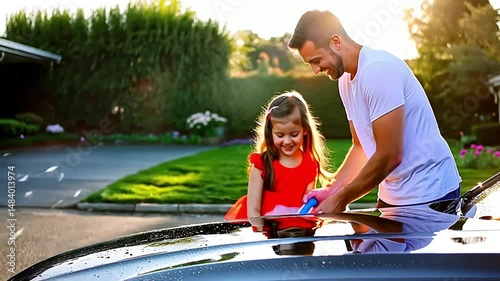 Father with daughter car wash, and sunny day.