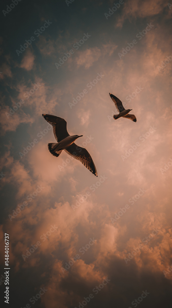Fototapeta premium Birds Flying Sky Clouds Sunset Nature Freedom Wildlife Aerial Serene Evening Silhouettes Tranquility Motion Sunlight Beautiful Natural Scenic Atmospheric Flight Ornithology Migration Soaring Elegance 