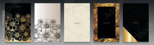 Elegant vector cover set featuring hand-drawn floral designs in black, gold, and cream tones. Perfect for luxury branding, packaging, invitations, cosmetics, and high-end editorial layouts.