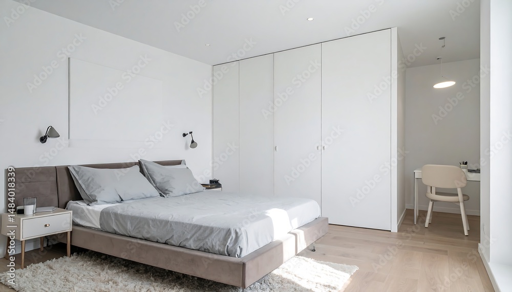 Fototapeta premium Modern bedroom with closet with desk, and and bed.