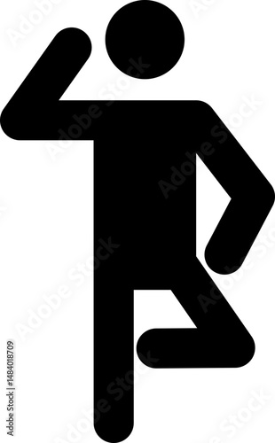 Black pictogram of a man with one leg and one arm bent
