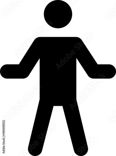Black pictogram of a man with legs apart and two hands extended to the side in a hugging position