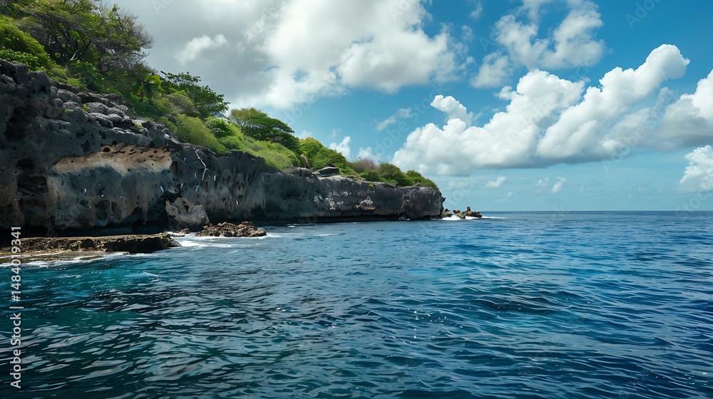 Fototapeta premium Ocean Meets Rocky Cliffs Under Blue Sky With White Clouds on Sunny Day