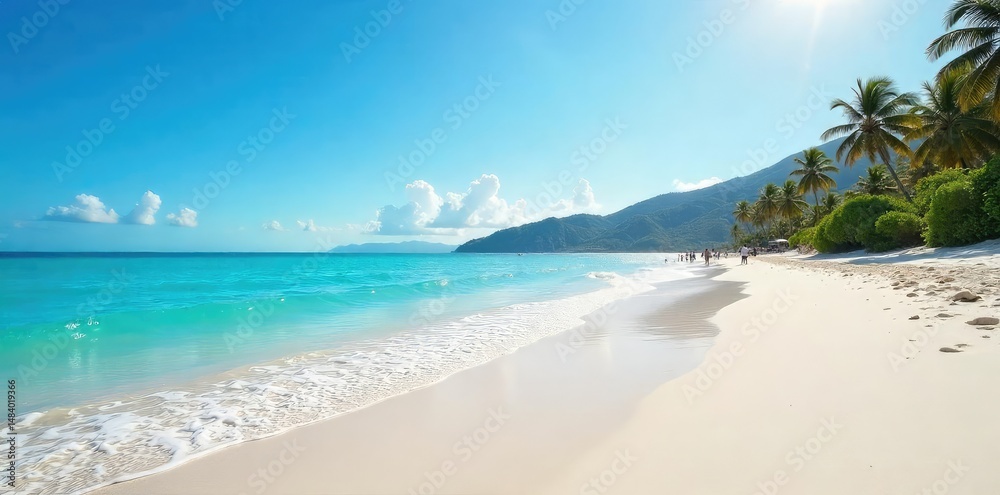 Sun-drenched beach scene with pristine white sand, gentle waves lapping the shore, and a clear blue sky Perfect for travel, vacation, or summer themes , shoreline, water, carefree Sun-drenched beach scene with pristine white sand, gentle waves lapping the shore, and a clear blue sky Perfect for travel, vacation, or summer themes , shoreline, water, carefree