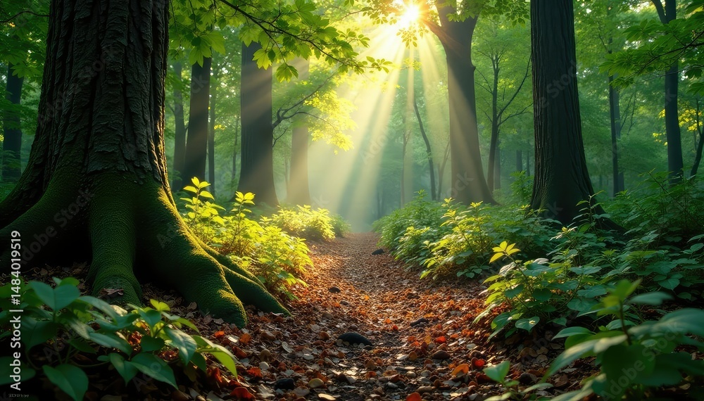 Obraz premium Sunlight dappled on the forest floor, showcasing rich textures of wood and leaves , scenic, ground, woodland