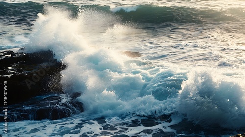 Ocean Waves Crashing Against Rocky Coastline Displaying Water Spray Motion