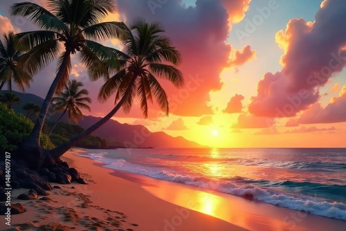 Tropical sunset over a Hawaiian beach, palm trees swaying gently in the warm breeze, creating a serene and idyllic island paradise scene , vacation getaway, evening