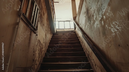 Old Wooden Staircase With Shadows And Light In An Abandoned Building